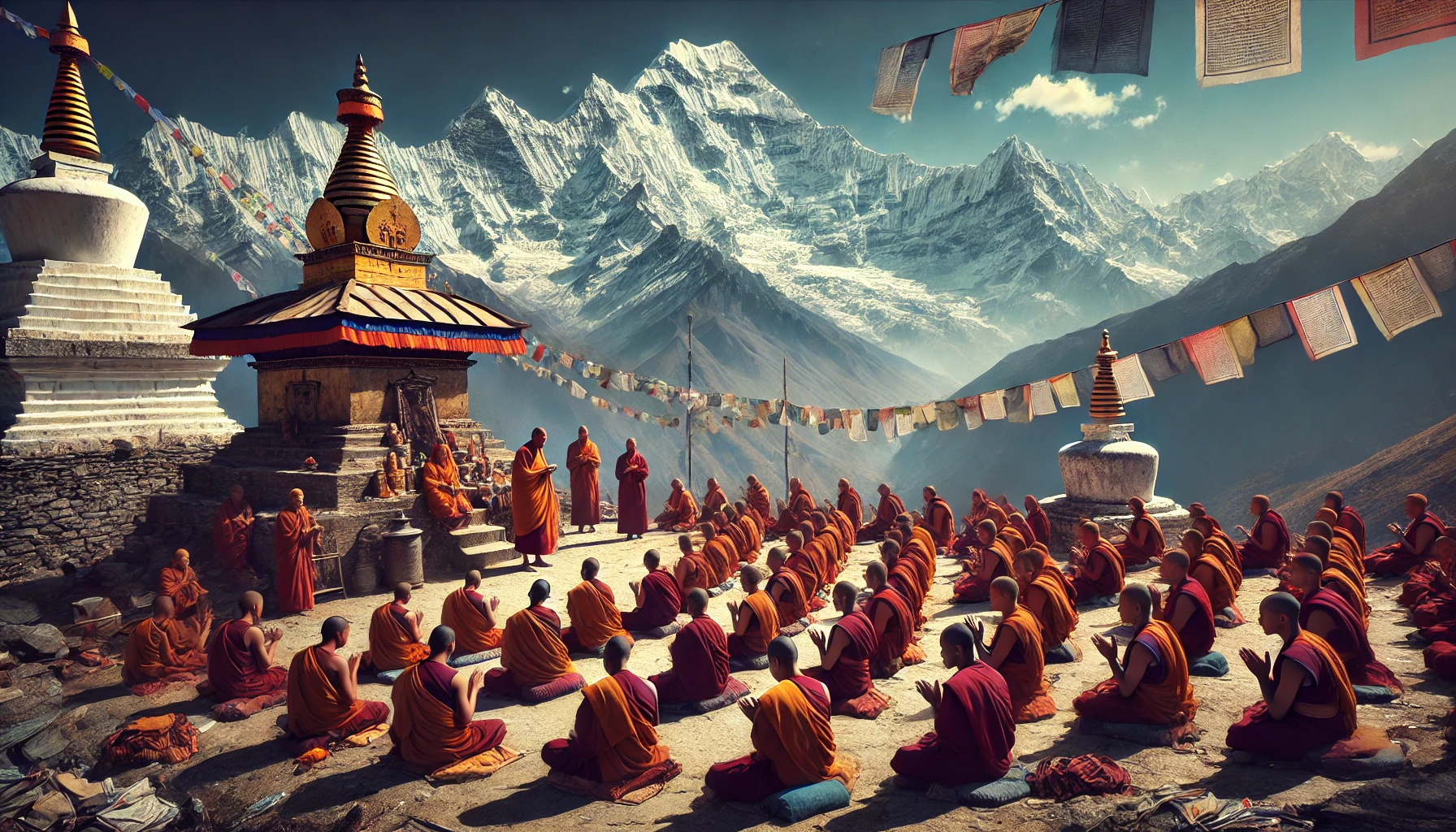 Nepalese monks and the majestic Himalayas