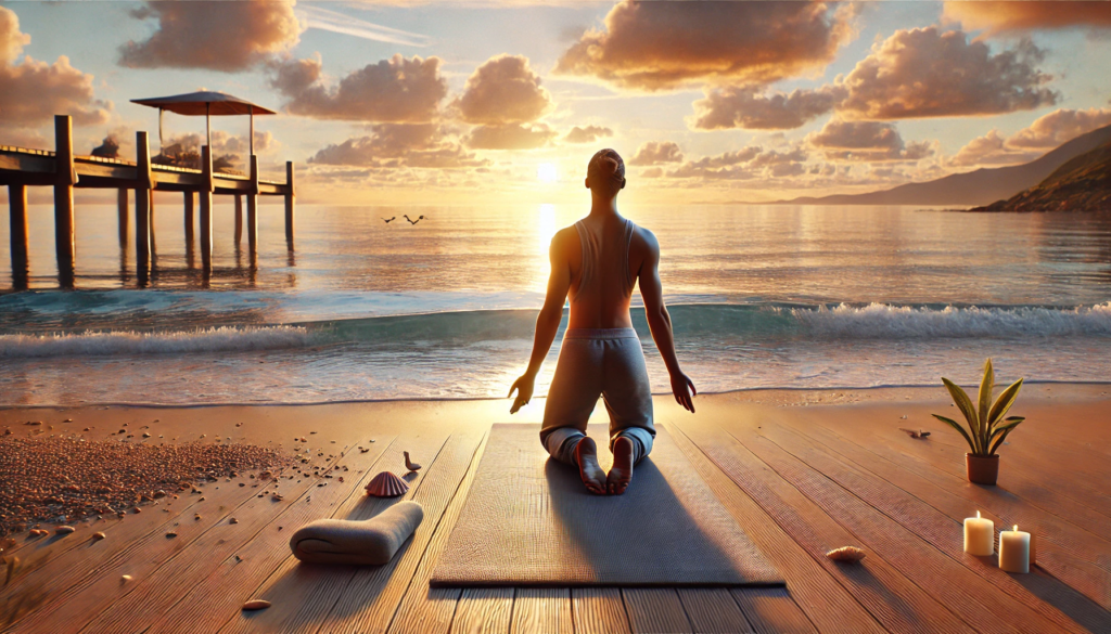 Mindfulness breathing exercises on beach at sunrise