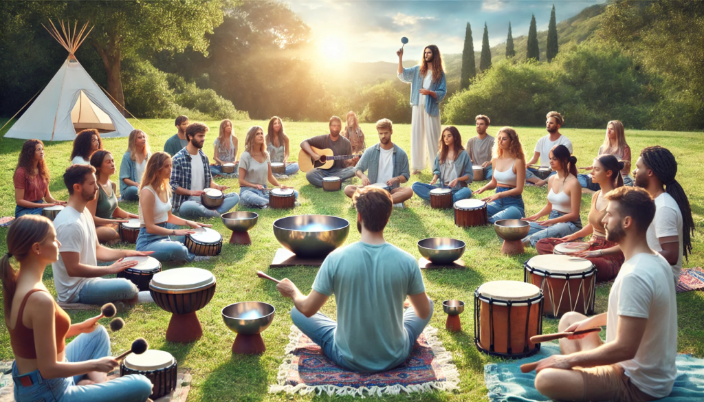 group sound bathing session and drum circle