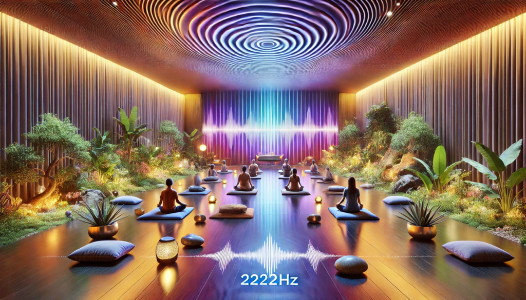 Serene meditation space for listening to 2222Hz binaural beats, featuring individuals meditating on cushions surrounded by plants and sound wave visuals