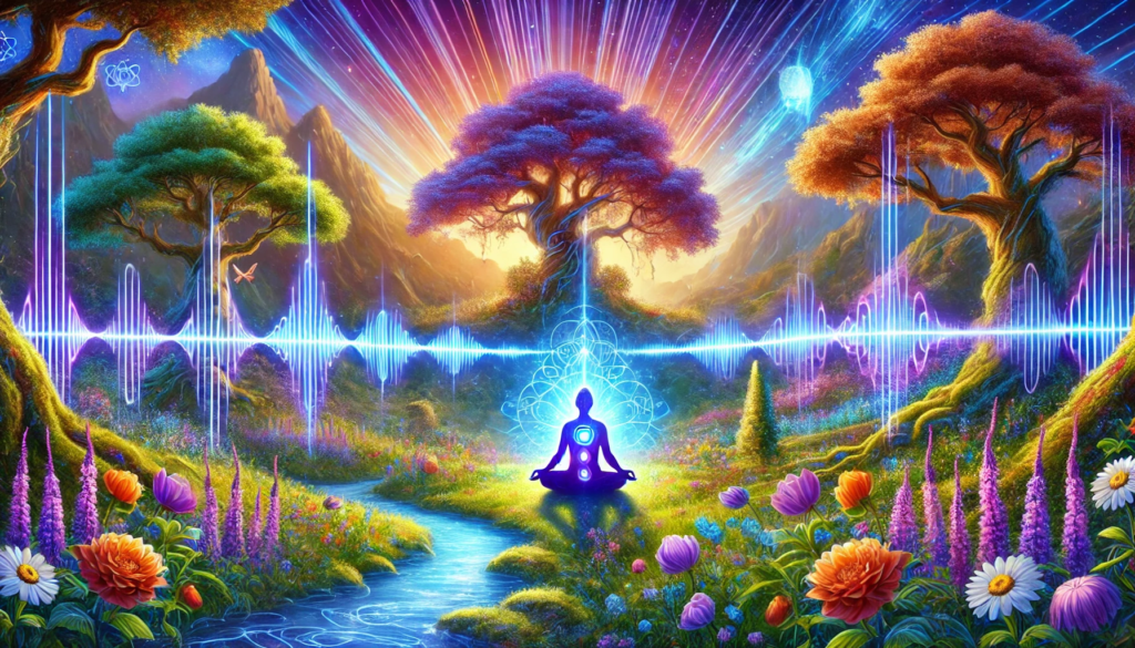 Tranquil landscape representing Gaia Resonance 136.1Hz, featuring a meditative figure surrounded by glowing energy waves, ancient trees, and a flowing river