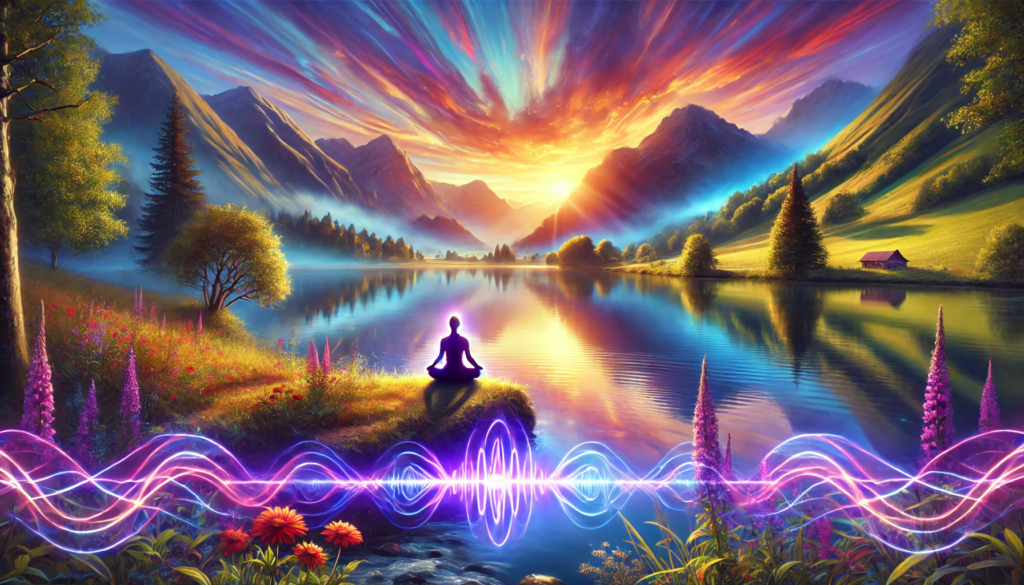 Tranquil mountain lake at sunrise with a meditative figure by the water, surrounded by glowing energy waves representing Solfeggio 528Hz healing