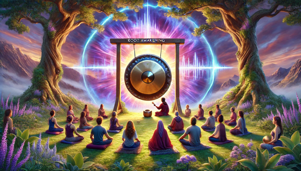 Diverse group participating in Root Awakening Gong Meditation outdoors, with a large gong in the center and individuals meditating amidst vibrant energy waves