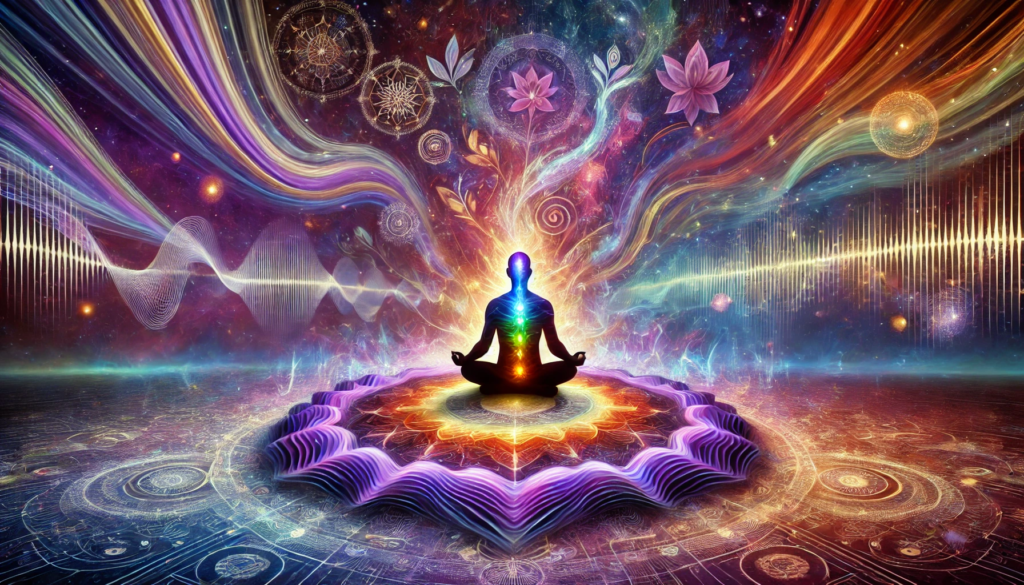 Mystical scene of a person meditating with swirling colors and ethereal sound waves around their body, symbolizing spiritual healing in an abstract landscape