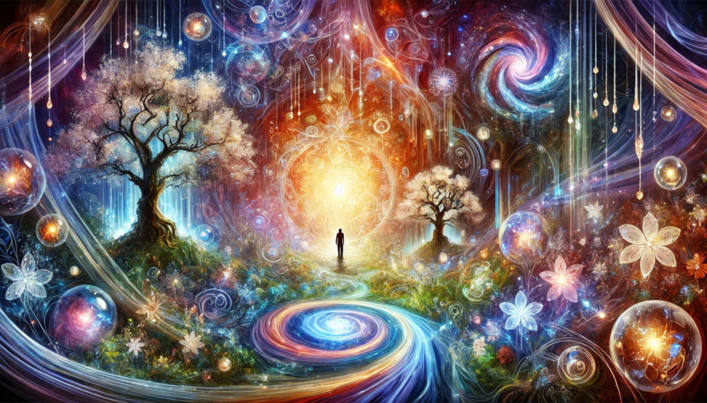 Serene figure in an enchanted forest surrounded by glowing orbs of light and swirling energy patterns, symbolizing spiritual regeneration and renewal