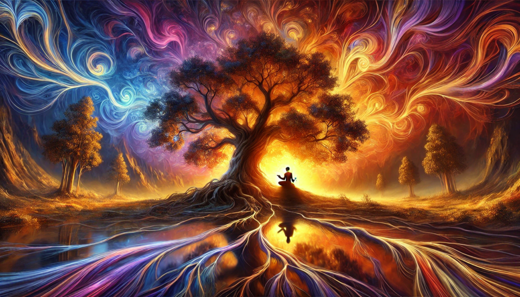 Tranquil sunrise landscape featuring a majestic tree symbolizing Mother Gaia for Ancient Healing Audio: Transform Your Spirit and Well-Being