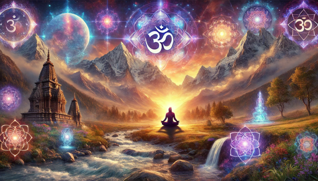 Himalayan landscape at sunrise featuring a meditating figure surrounded by swirling energies and sacred symbols, embodying the Om of Creation