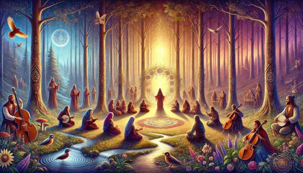 Group of diverse individuals in a serene forest listening to Ancient Slavic chants, with a musician playing a traditional instrument surrounded by symbols of healing
