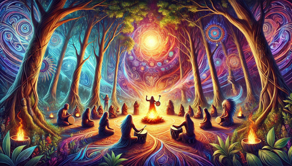"Shamanic drumming ceremony in a lush forest with a diverse group gathered around a fire, featuring a shaman playing a large drum surrounded by vibrant energy and nature."
