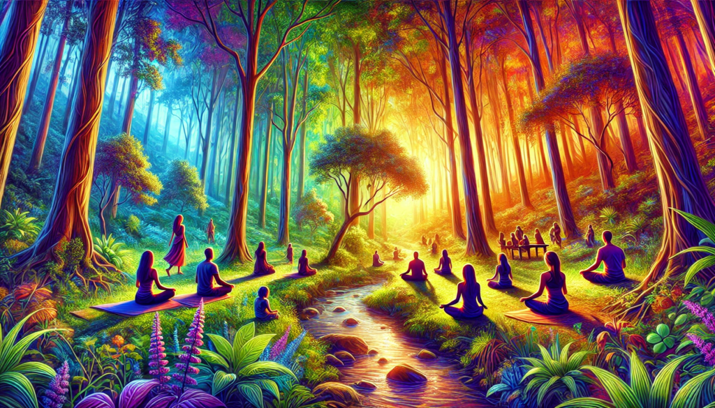 Diverse individuals practicing forest bathing in a lush green forest, engaging in meditation and yoga under sunlight filtering through the trees
