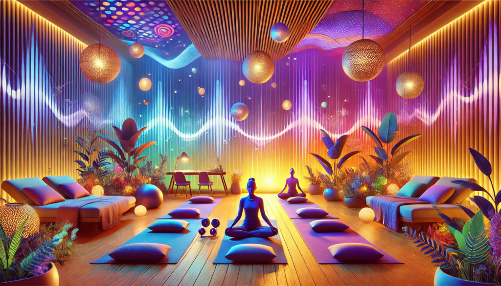 Serene wellness space for muscle rejuvenation featuring individuals listening to binaural beats on comfortable mats, surrounded by plants and soothing colors